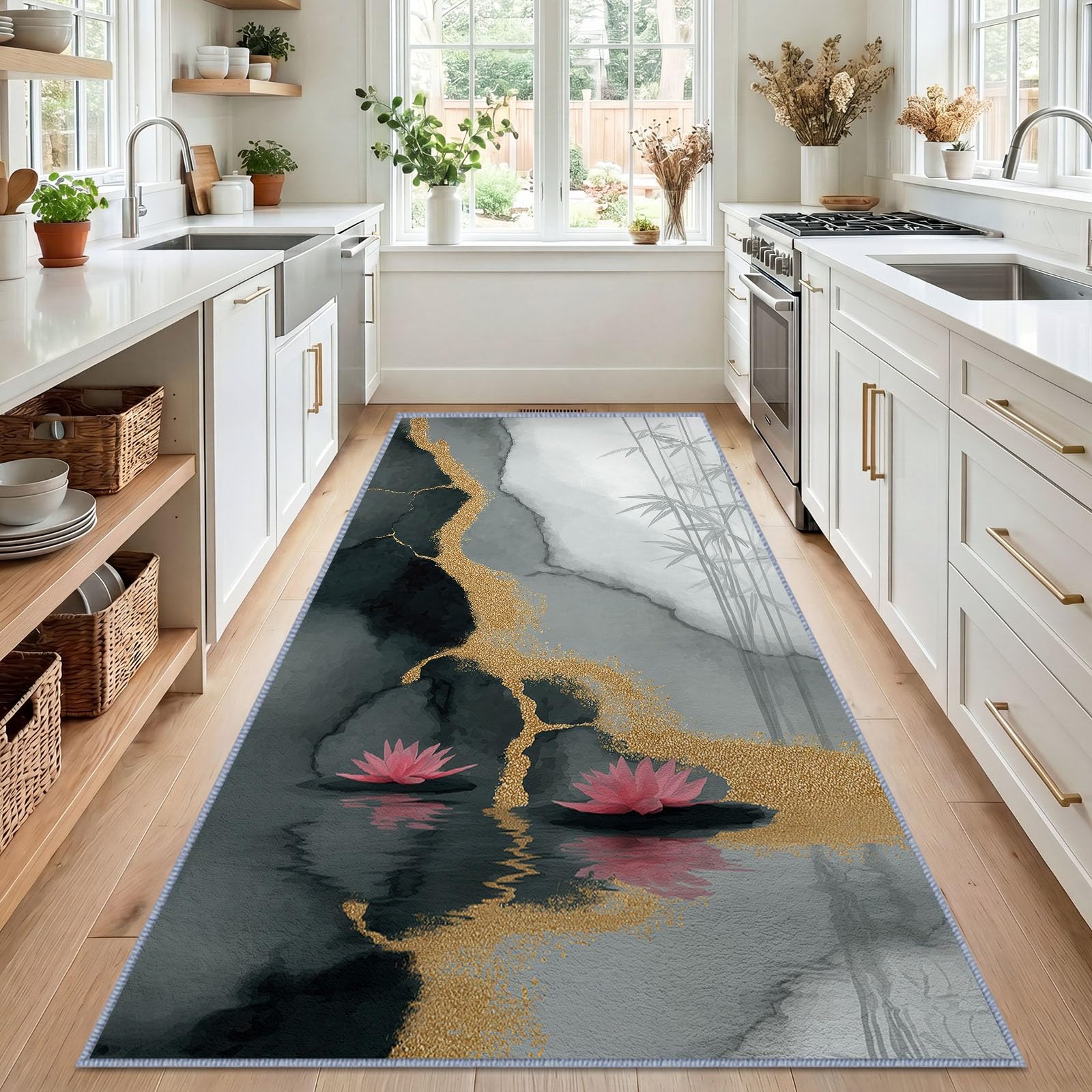 Générique Tapis de Couloir Long Antidérapant 60 x 150 cm, Tapis de Passage Rochers Lotus Lavable et Doux à Poil Ras pour Passage Chambre Cuisine Entrée Intérieure, Traditionnel Peinture à l'encre