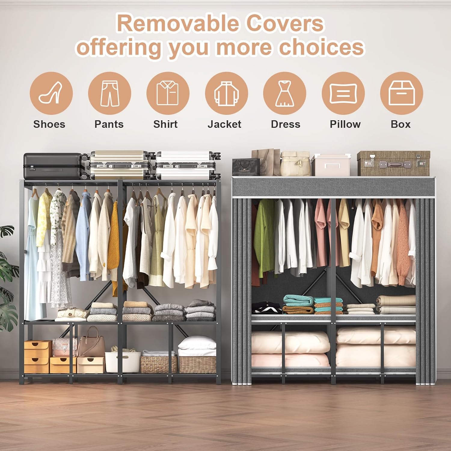 Heavy Duty Clothes Rack with Cover,71" Portable Wardrobe Closet for Hanging Clothes,Black Metal Clothing Rack,95% Assembled,71" 20.5" 69"