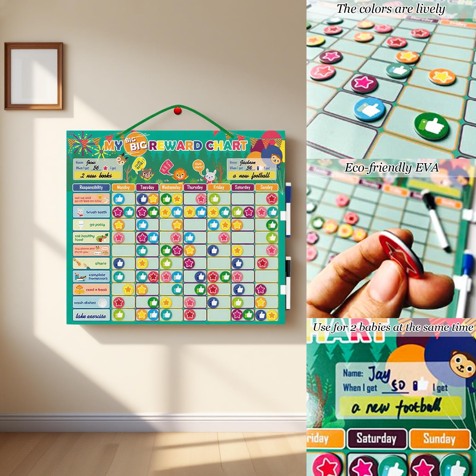 Lavagna magnetica per ricompensa per bambini, lavagna magnetica con 15 compiti e 70 magneti a stella e 70 pollici di altezza, lavagna premiata per bambini, Family Plan, Montessori Lavagna