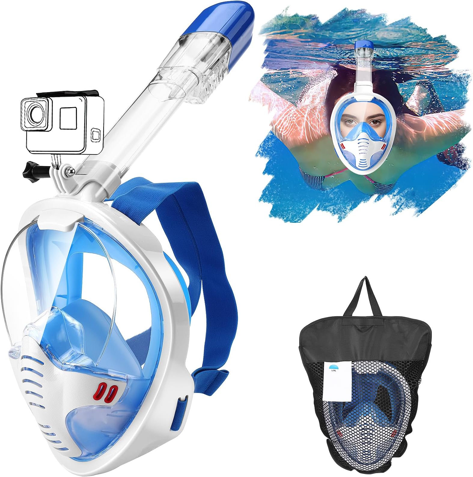Helmsyde Snorkel Mask 180°Full Face, Snorkeling Diving Mask for Adults Free Breathing Snorkeling Mask Anti-fog Anti-leak Technology, With Adjustable Head Straps & Detachable Camera Mount(L/XL)