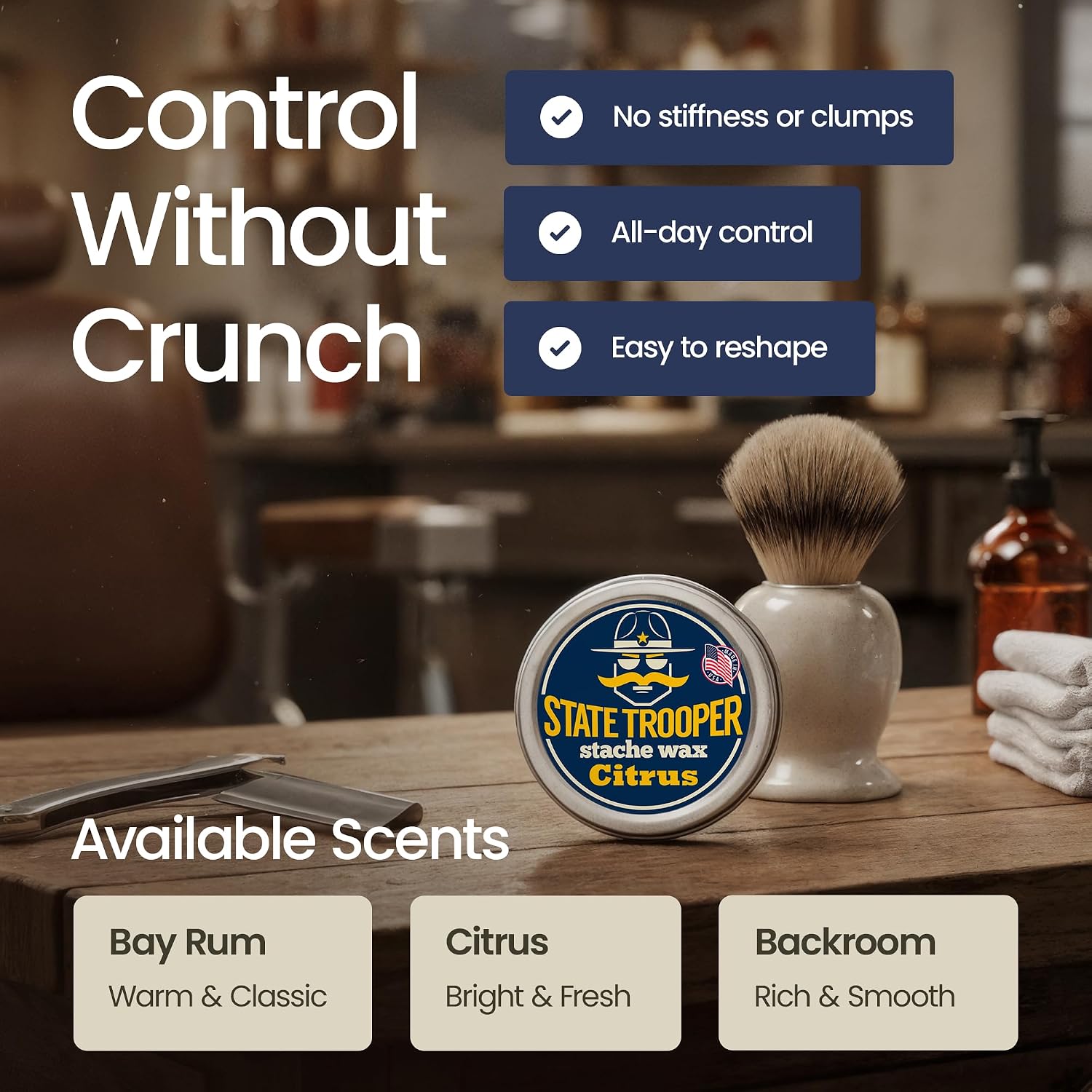 State Trooper Mustache Wax for Men – Medium Hold with Beeswax, Coconut Oil & Lanolin – Natural Moustache Grooming & Styling Wax with Citrus Scent - Nourishing Conditioner & Sculpting