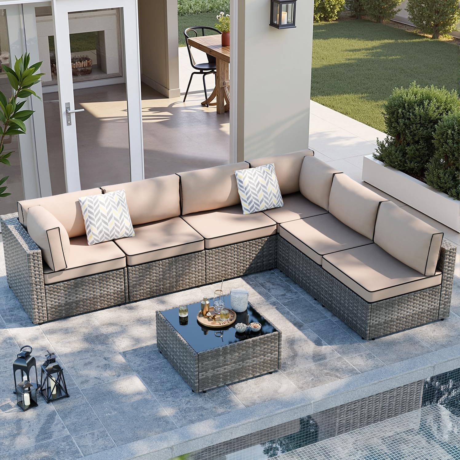 SUNLEI 7 PCS Patio Furniture Set with 45" 50000BTU Gas Propane Fire Pit Table, All Weather PE Wicker Rattan Patio Conversation Sofa with Coffee Table (Khaki, 7 Pcs-Brown Rattan)