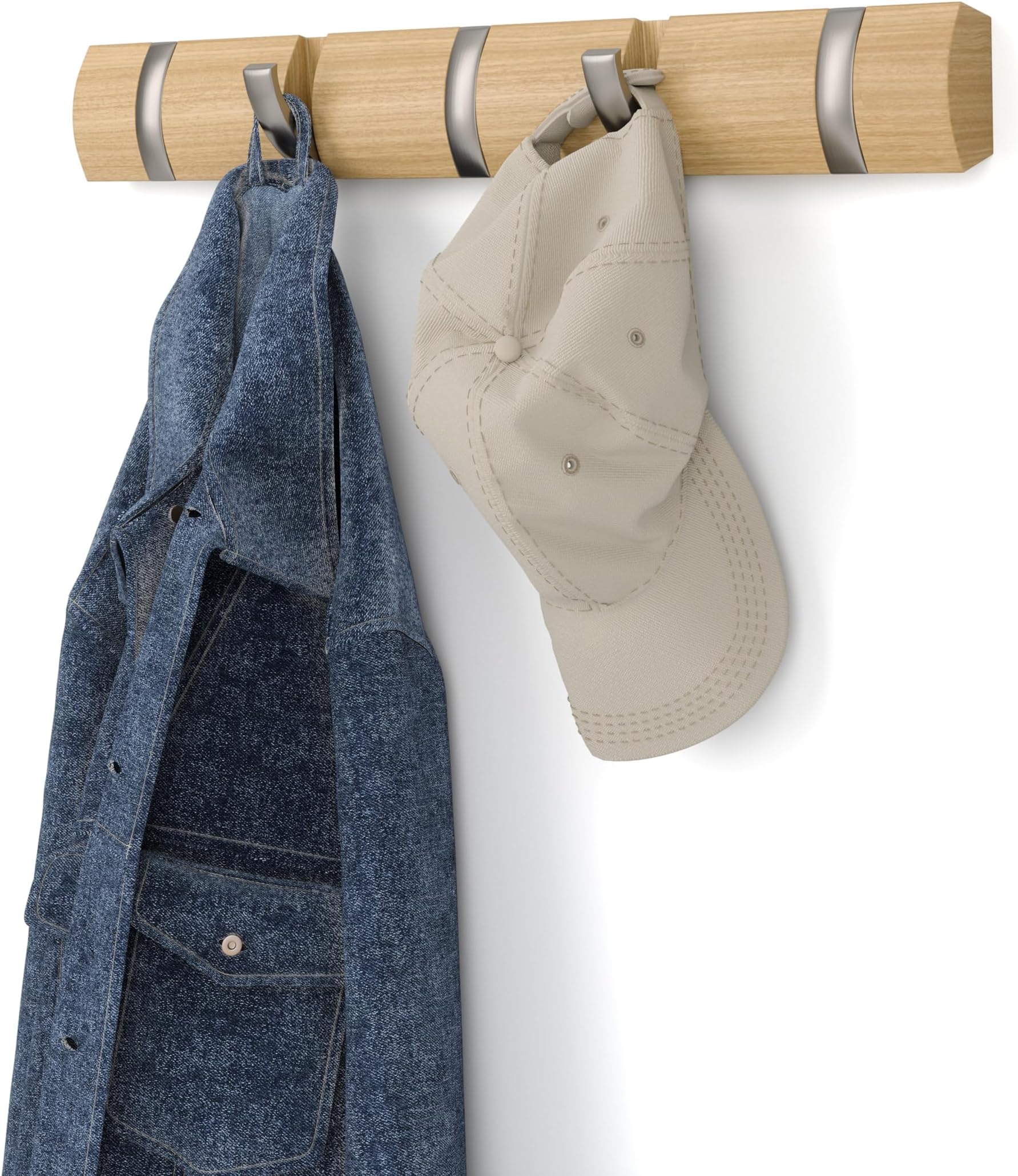 Umbra Flip Wall-Mounted Coat Rack with 5 Hooks – Modern, Space-Saving Storage for Hats, Jackets, Bags, Entryway, Mudroom, Closet, Bathroom, Bedroom – Natural/Nickel