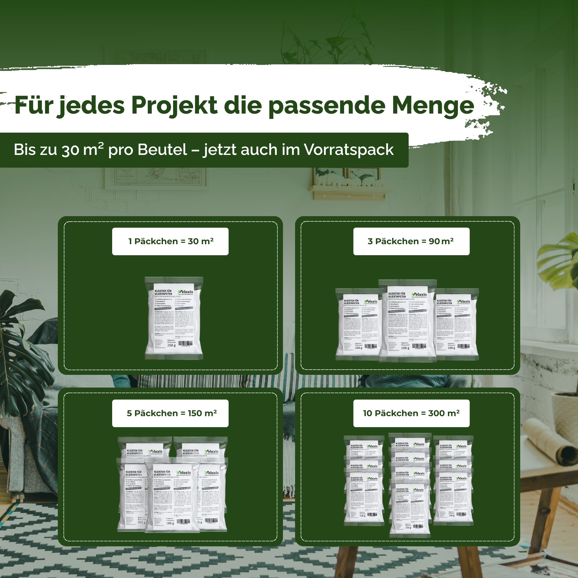 Tapetenkleister Vliestapetenkleister – Kleister Vliestapete, 1 Beutel für 30 m², fleckenfrei & korrigierbar, gebrauchsfertig in 10 Min – Veluxis