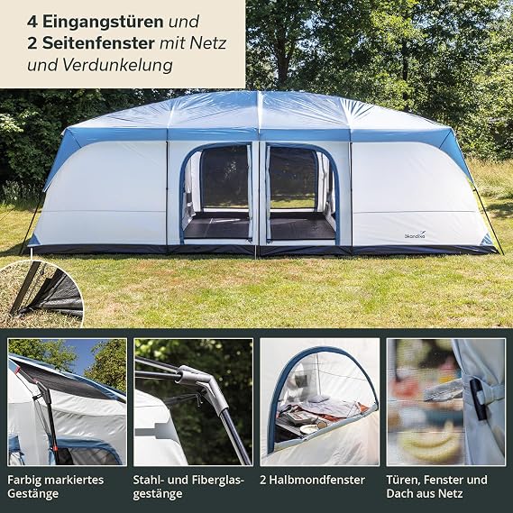 Skandika Tonsberg 5/10 People Camping Tent with Single Skin, Mesh Roof, Removable Fly, Standing Height 2 m, Sewn-in Tent Floor, 4000 mm Hydrostatic Head, Large Family Tent