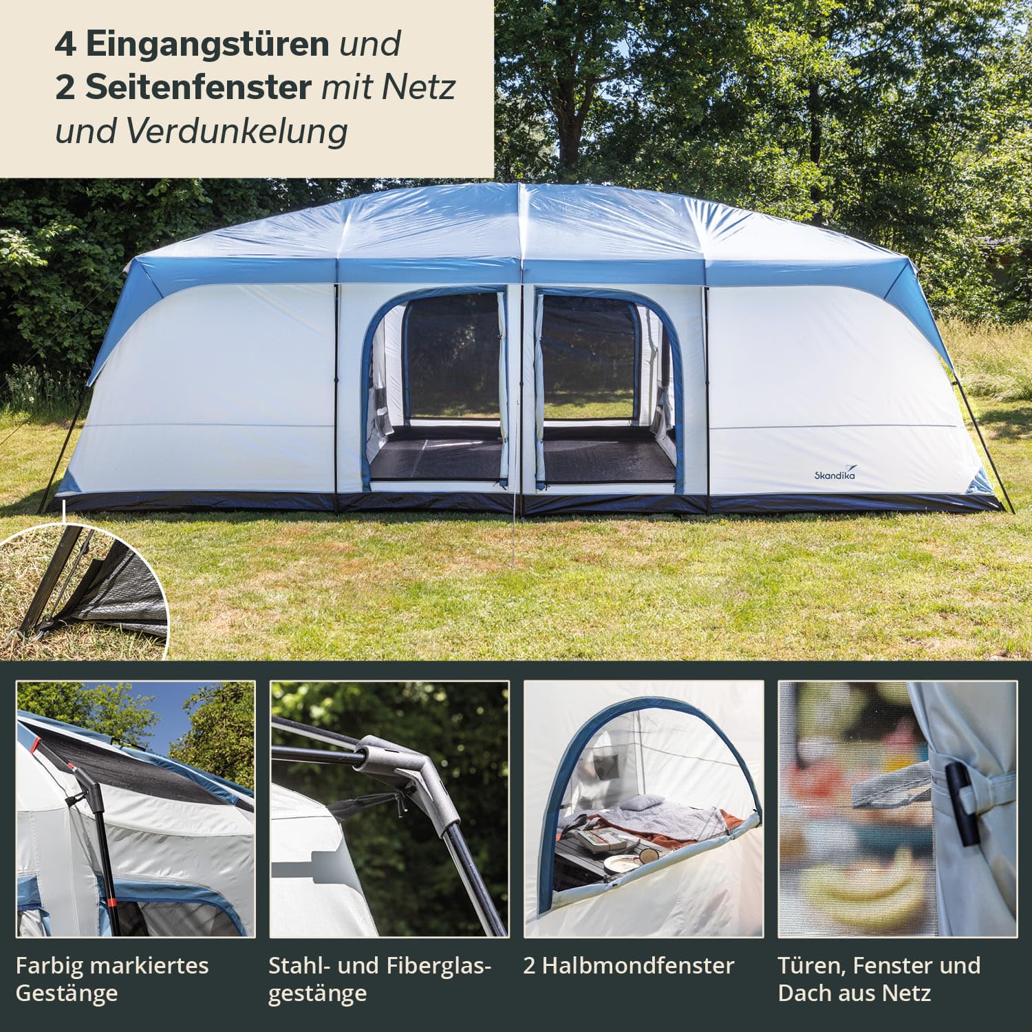 Skandika Tonsberg 5/10 Personen | Camping Zelt mit Single Skin, Meshdach, abnehmbarem Überzelt, Stehhöhe 2 m, eingenähtem Zeltboden, 4000 mm Wassersäule | Großes Familienzelt