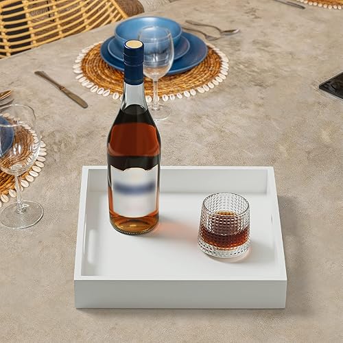 Miniatura 7 de Bandeja de madera blanca con asas, bandeja organizadora cuadrada de encimera de 12 x 12 x 2 pulgadas de alto, bandejas decorativas para cosméticos