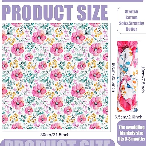 Miniatura 2 de Moukeren 4 juegos de mantas para bebé recién nacido, con diademas para recién nacido, con estampado floral, manta para bebé, saco de dormir para
