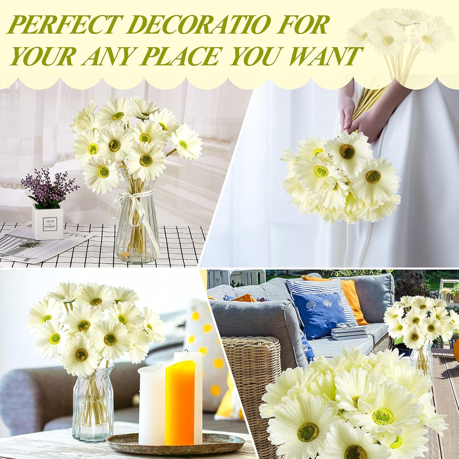 WILLBOND 18 Pcs Artificial Gerbera Daisies Flowers 15 in White Fake Daisy Bouquet with Flexible Stems Boho Faux Wildflower for Wedding Bridal Groovy Party Home Kitchen Decor, 6 Colors - Image 6