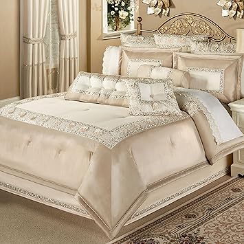 Luxury Elegante Faux Silk Queen Bedding | Lt Cream Metallic Gold | Sequins Floral | 11 Pc Set Comforter, Bedskirt, 2 Shams, 2 European Shams and Inserts, Neckroll, Square, and Jumbo Rectangle Pillows