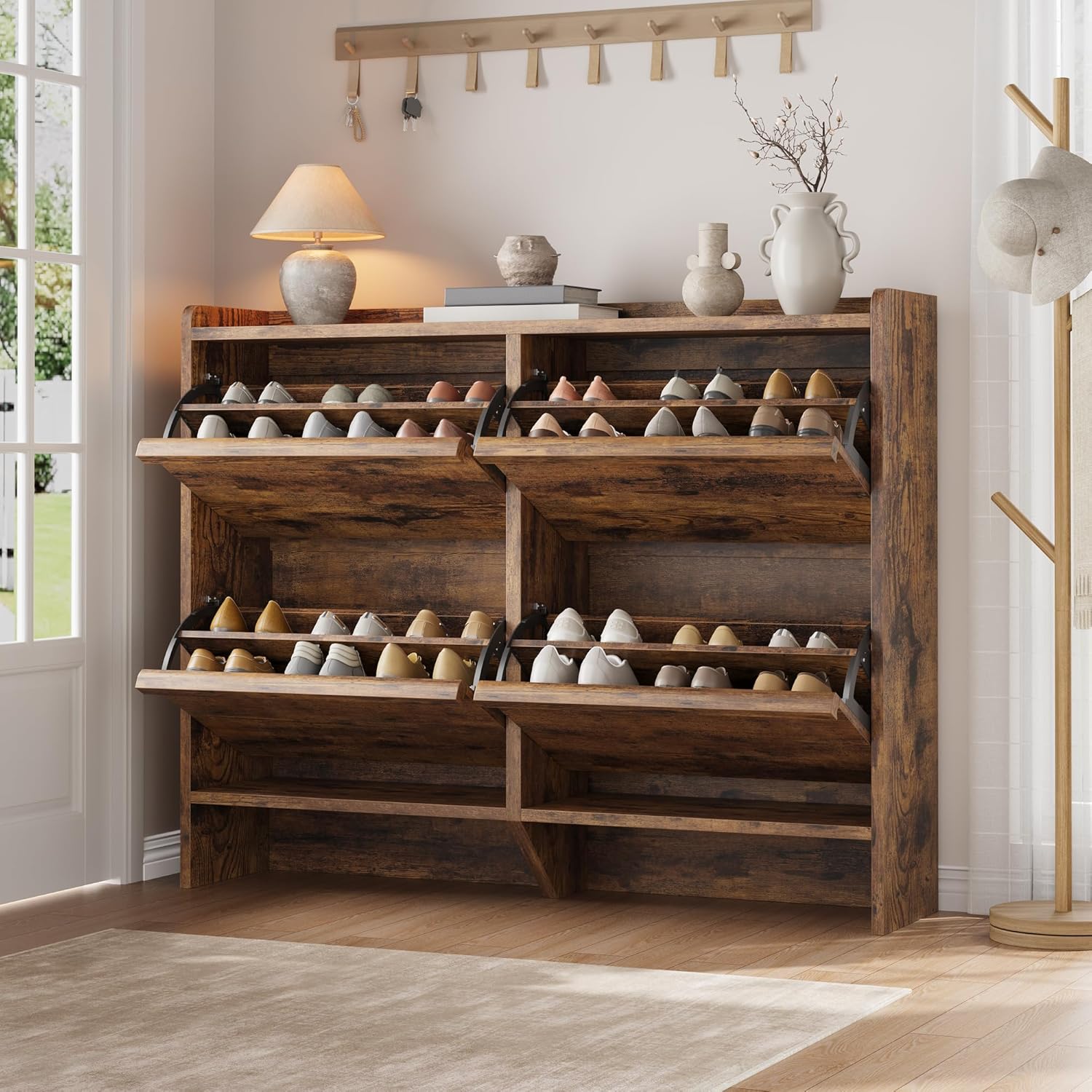 Garvee Shoe Cabinet with 6 Flip Drawers, Modern Freestanding Narrow Shoe Organizer with Adjustable Shelves, Flat Top for Storage, Wooden Shoe Cabinet for Entryway, Living Room, Hallway, White