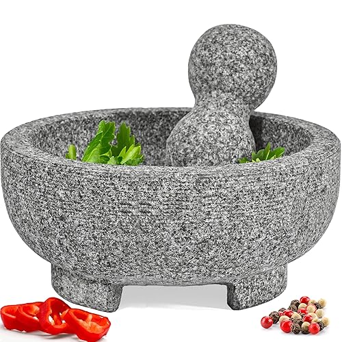 PriorityChef - Juego de mortero y mortero de granito, piedra natural molcajete mexicano de 8 pulgadas para especias, condimentos, pastas, cuenco de