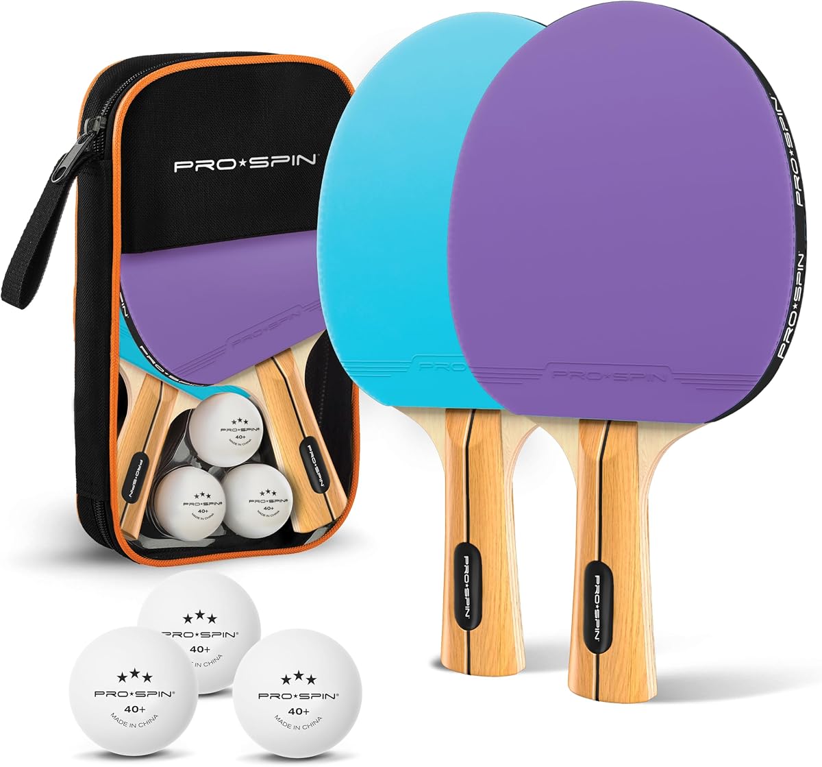 Palas de ping pong PRO-SPIN: juego de alto rendimiento con raquetas de tenis de mesa premium, pelotas de ping pong de 3 estrellas, estuche de almacenamiento compacto | Juego de palas de ping pong de calidad profesional | Juegos de interior y exterior