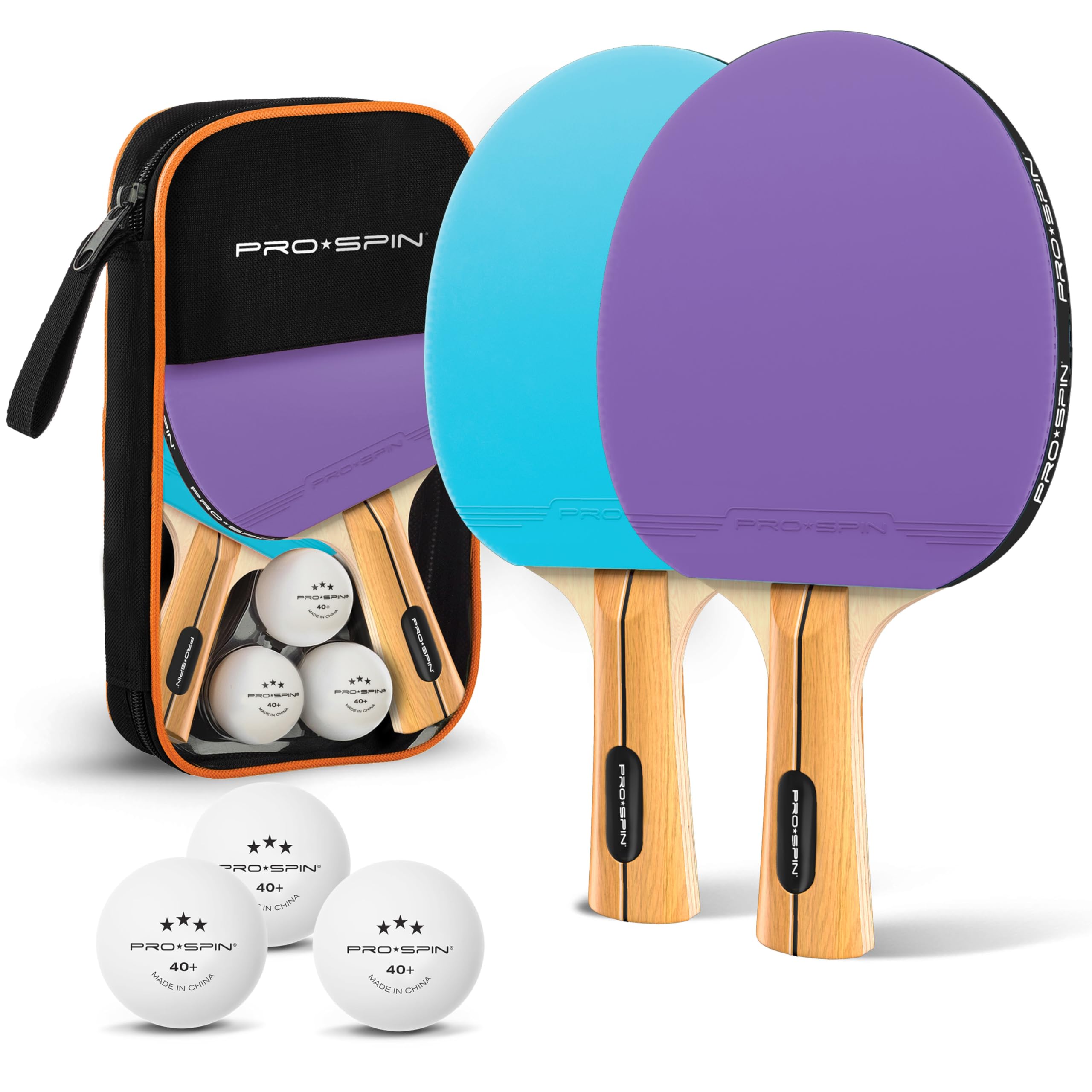 PRO-SPIN Tischtennisschläger – Hochleistungs-Tischtennis Set | Premium Tischtennisschlaeger, 3-Sterne-Tischtennisbälle, Kompakte Aufbewahrungstasche (Lila|Blau, Set für 2 Spieler)