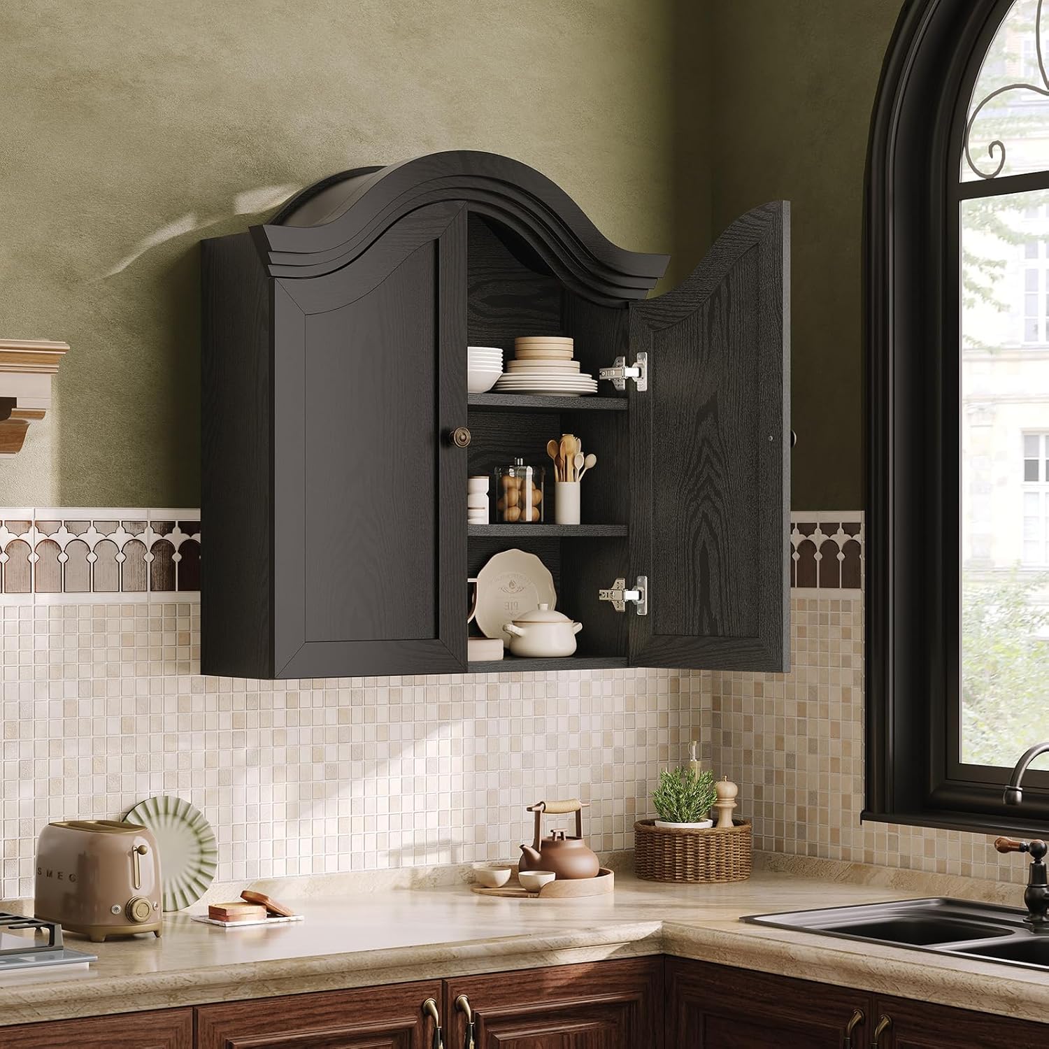 Bathroom Wall Cabinet with Scalloped Arched Top & Adjustable Shelf, Over The Toilet Storage Cabinet with Recessed Door & 3 Shelves, Medicine Cabinet for Bathroom, Laundry Room, Black