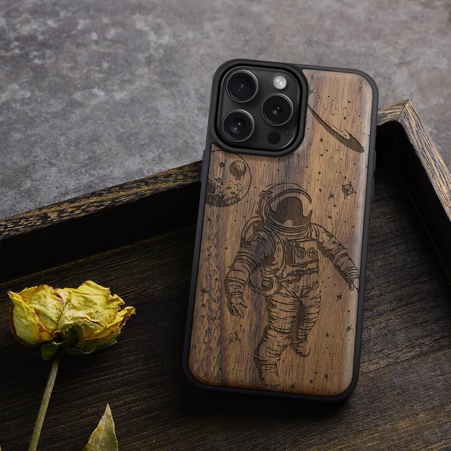 Carveit Magnetic Wooden Case for iPhone 16 Pro Max Case, Wood Artisan Engraved & Black Soft TPU Shockproof Cover, Compatible with MagSafe Wireless Chargers (Cosmic Wanderer) Walnut