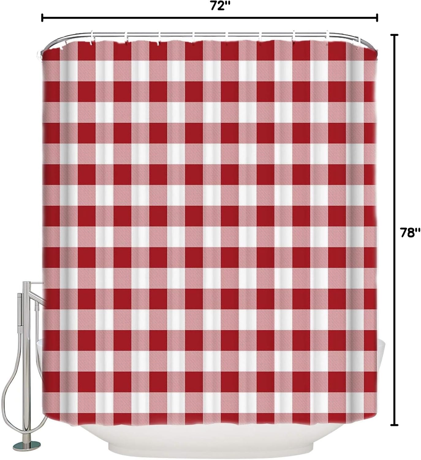 Farmhouse Red Plaid Shower Curtain Set - 72" x 78" Washable Bathtub Curtain with 12 Hooks, Rustic Red White Checkered Waterproof Fabric Stall Shower Curtains for Bathroom/Bathtub Décor