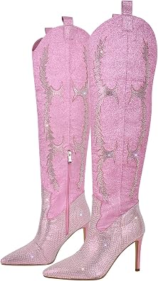 LISHAN Womens Rhinestone Western Cowgirl Boots Over The Knee Pointed Toe Stiletto High Heel Cowboy Boot
