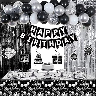 Black and White Birthday Party Decorations for Men Women, Black Silver Happy Birthday Balloons Arch for Boys Girls with Bday Tablecloth Fringe Curtains Hanging Swirls Suitable for All Age and Occasion