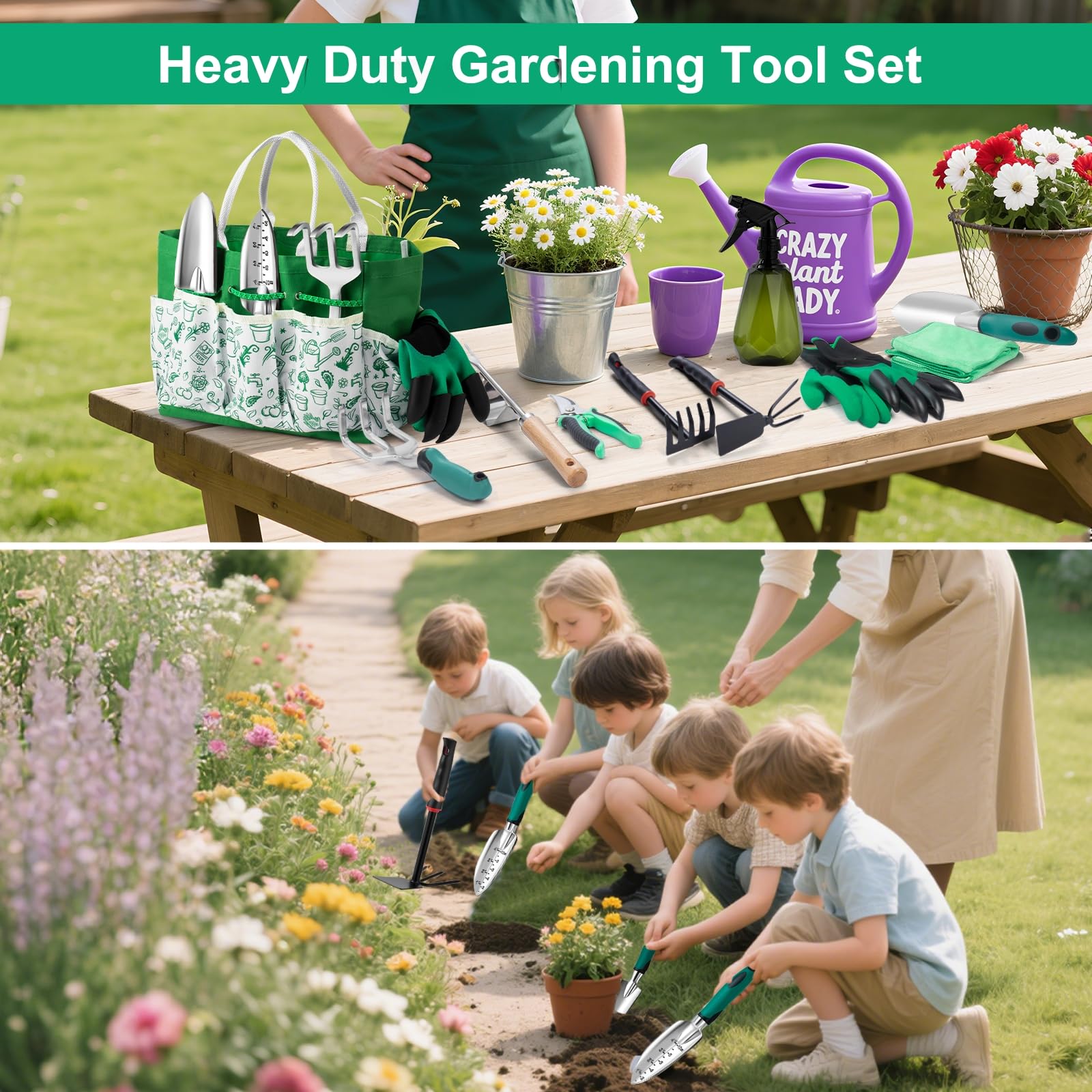 Juego de herramientas de jardinería, 12 piezas de herramientas de mano de jardín resistentes, regalos para mujeres adultas jardineras, juego de suministros de jardinería con bolsa organizadora de