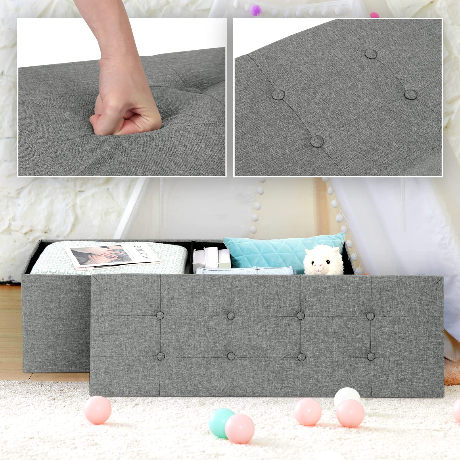 WOLTU Sitzbank mit Stauraum 110cm, Truhe mit stauraum 118L Faltbar, Sitztruhe Sitzbox Aufbewahrungsbox klappbare, Bettbank Schlafzimmer, belastbar bis 300 kg, aus Leinen, Hellgrau
