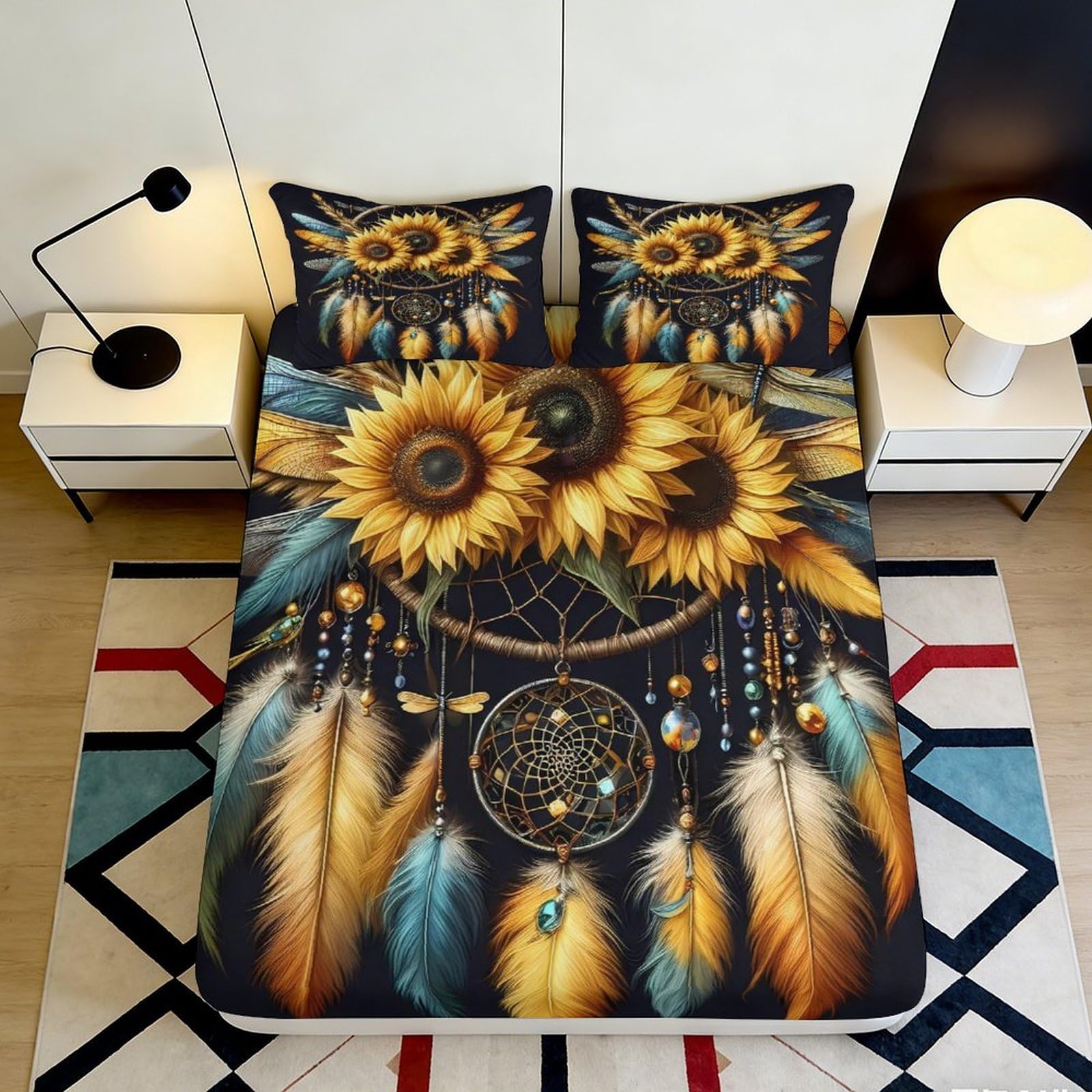 3D Printed Sunflower Dreamcatcher Fitted Sheet Microfiber Deep Pocket Bedroom Bedding Dreamcatcher Mattress Fitted Cover for Adults Teens 180x200x25cm