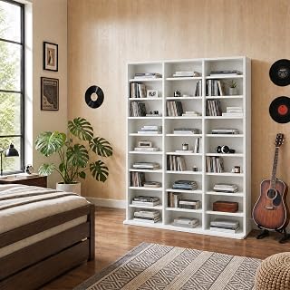 9-Tier Tall Media Storage Cabinet with 27/33 Adjustable Compartments - Narrow Floor Standing CD DVD Blu-ray Display Shelf for Small Spaces - Home Office Bookshelf - White