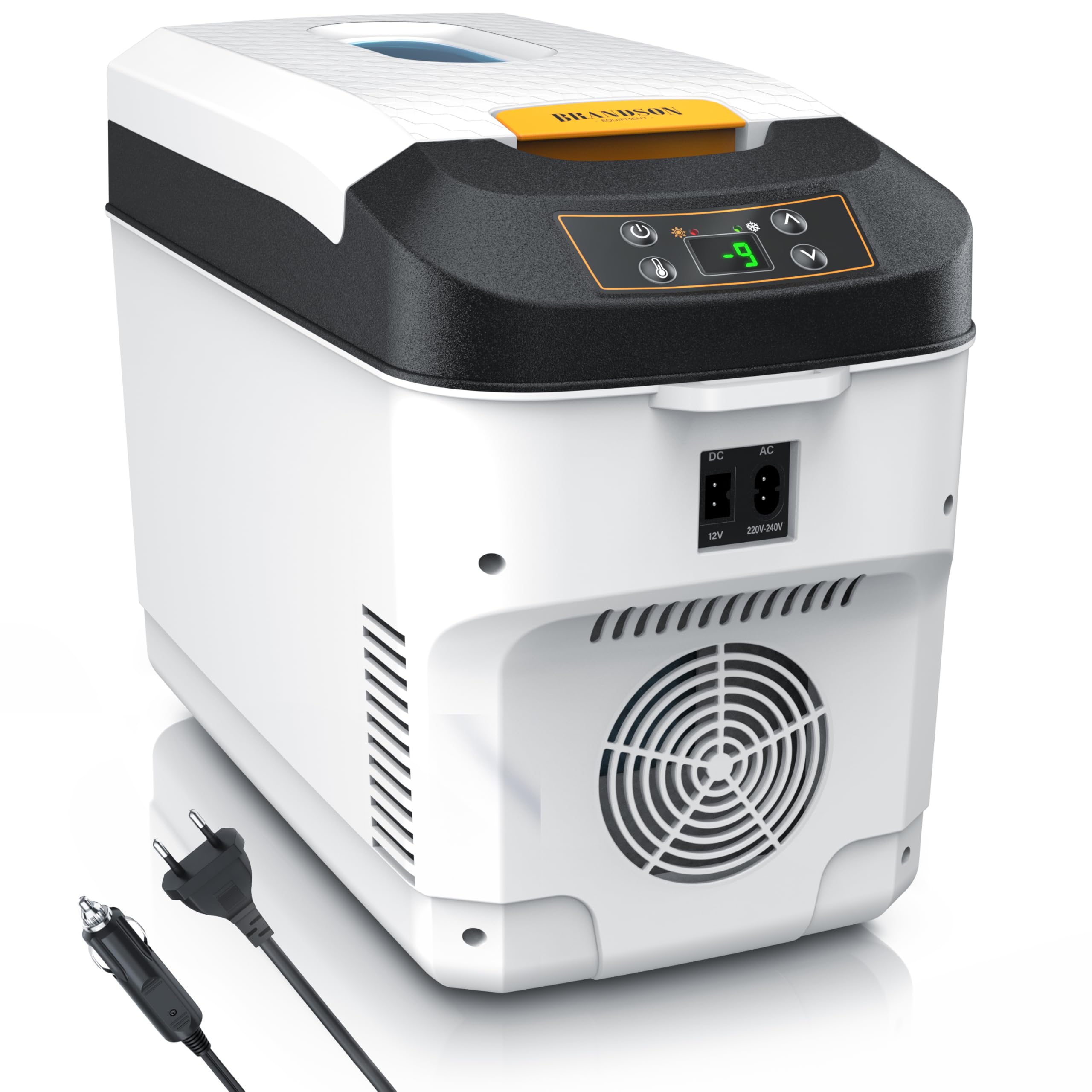 Brandson - Kühlbox elektrisch 10L – 230 V Netzspannung und 12 V KFZ Auto Bordspannung – kühlt und wärmt – Heizen max. 65°C – Herabkühlen ca 20°C unter der Umgebungstemperatur - Weiß