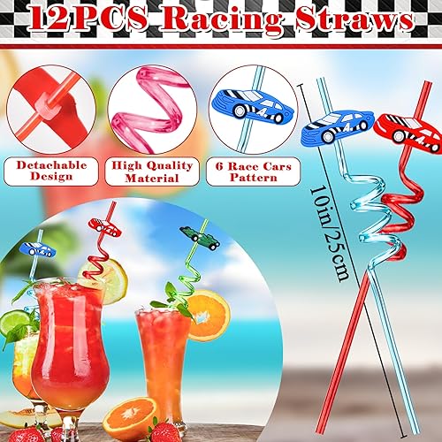 Miniatura 2 de Winrayk Regalos de fiesta de coches de carreras, suministros de cumpleaños, bolsa de papel de paja para beber, mini pulsera de coche, calcomanía de