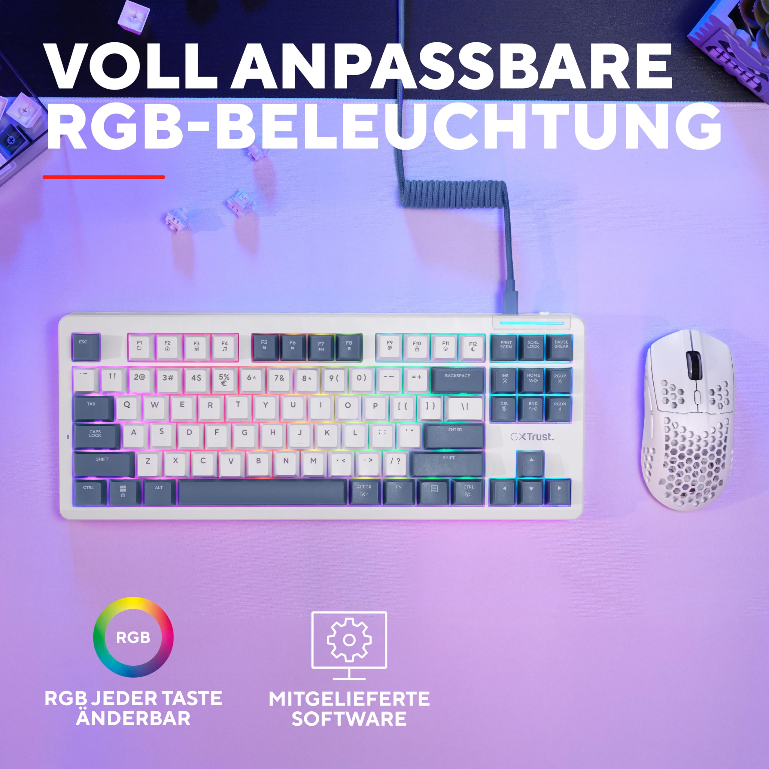 GXTrust 872 Xyra Gasket TKL Mechanische Tastatur QWERTZ Layout, Hot-Swap Creamy Gaming Tastatur 80%, USB Kabel, RGB Beleuchtung Programmierbar, 5-pin Leobog Linear 60M Schaltern für Gamer, Weiß
