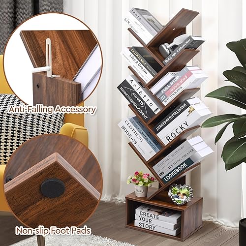 Miniatura 6 de Luckyeestar Estantería de árbol de 2 niveles, estante retro de almacenamiento de 2 estantes, estante de almacenamiento de madera, estantería