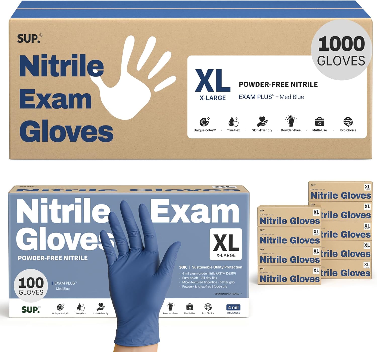 SUP Nitrile Exam Gloves, Powder-Free Latex-Free Food Safe Disposable Glove for Medical Lab Cooking Cleaning, Med Blue 1000 Ct