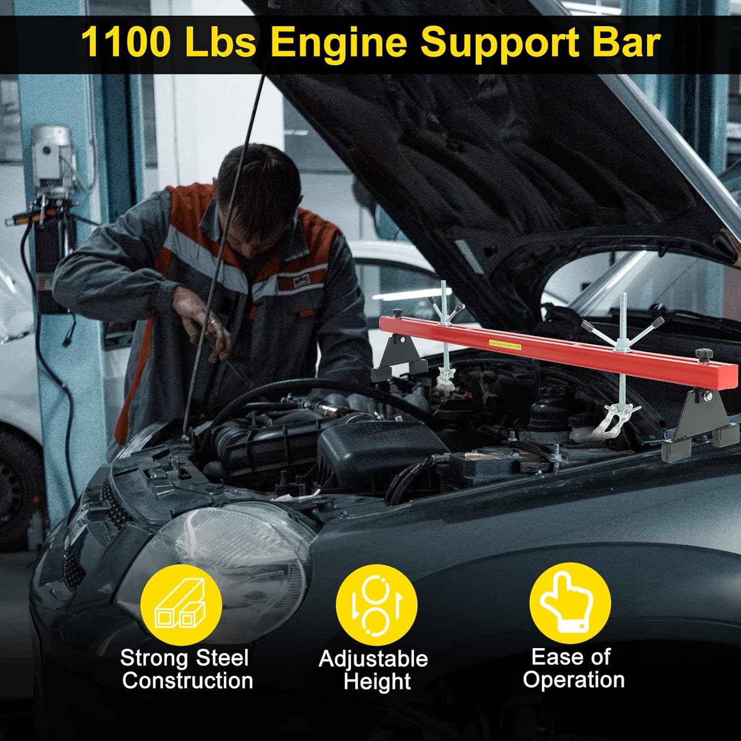 Engine Support Bar, 1100lbs Capacity Engine Transverse Bar Hoist for Motor Transmission, 2 Points Lift Holder and Dual Hooks