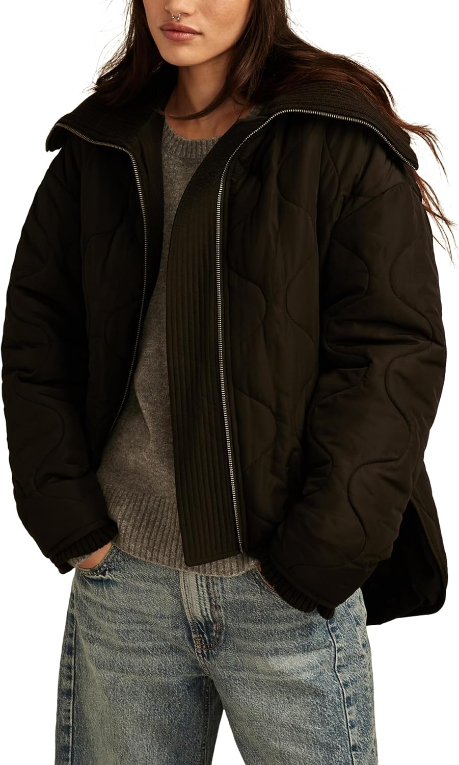 Lucky Brand womens Quilted Jacket With Ribbed Collar
