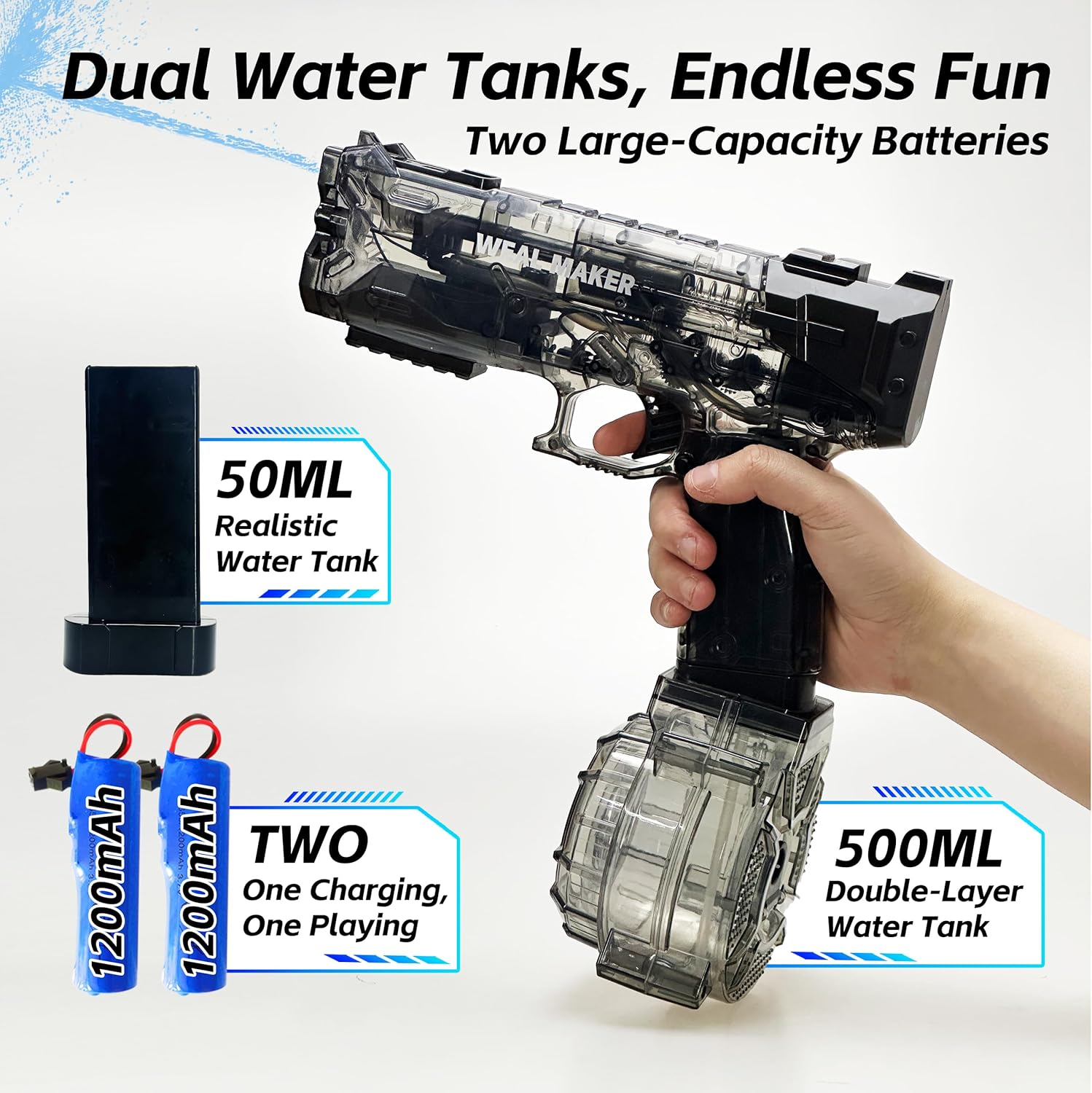 2 Pack Electric Water Guns with LED Light, Automatic Squirt Guns for Adults and Kids, Long Range up to 28FT, High Powered Water Blasters, Waterproof Summer Pool Beach