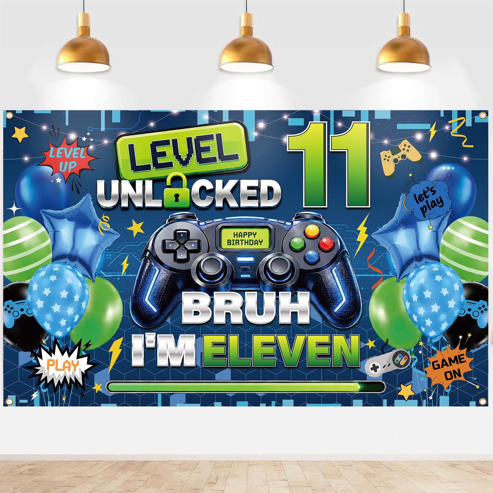 Gaming 11th Birthday Decorations Banner - 180 x 110 cm Blue Backdrop Boys — image 1