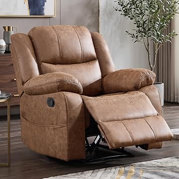 EBELLO Manual Single Recliner Chair, Faux Leather Mid-Century Modern Adjustable Lounge Reclining Chair, with Fully Padded Headrest & Comfortable Armrests, for Living Room, Brown