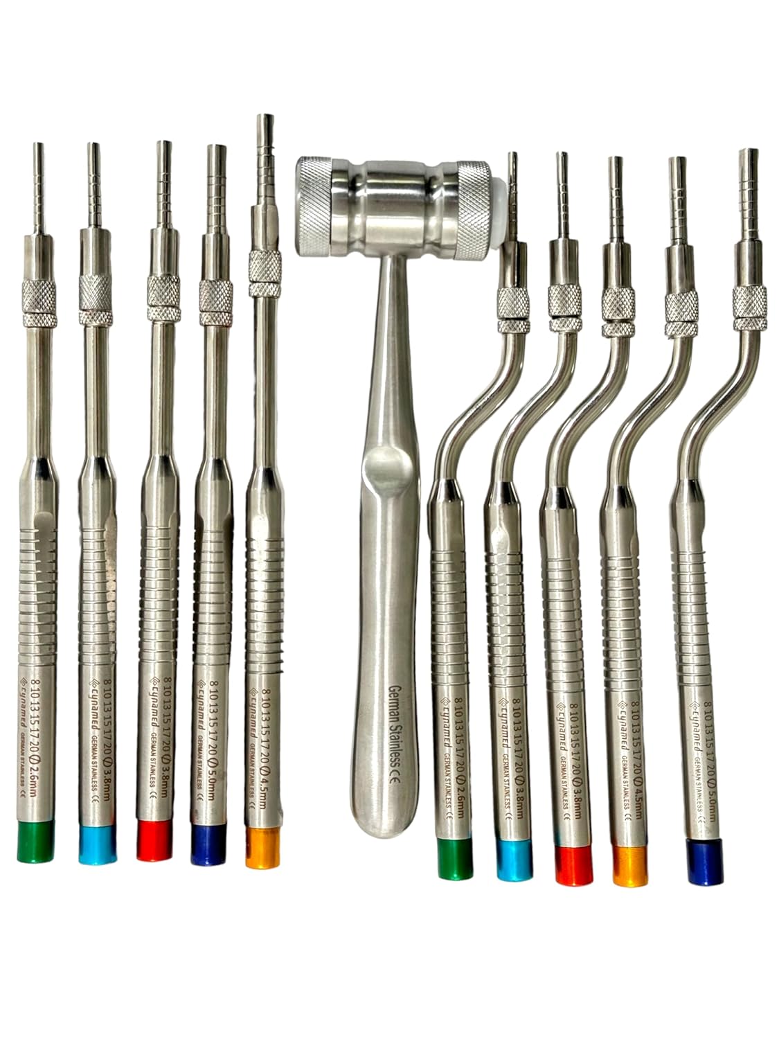 10 Pack - Osteotome Set Concave Tip, Offset + Straight, Color-Coded Ajustable Screw, + Mead Mallet - German Stainless Steel