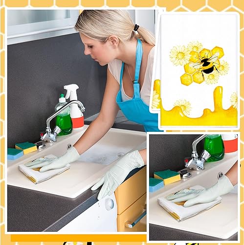 Miniatura 2 de Mixweer 4 toallas decorativas de cocina de abeja de miel, paños de cocina con temática de gnomo de margaritas de miel, paños absorbentes para manos,