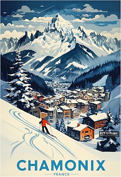 CHAMONIX - Vintage Ski Resort Poster A4 Size Retro Winter Sports Wall Art Alpine Mountains Snow Landscape Home Decor for Ski Lovers