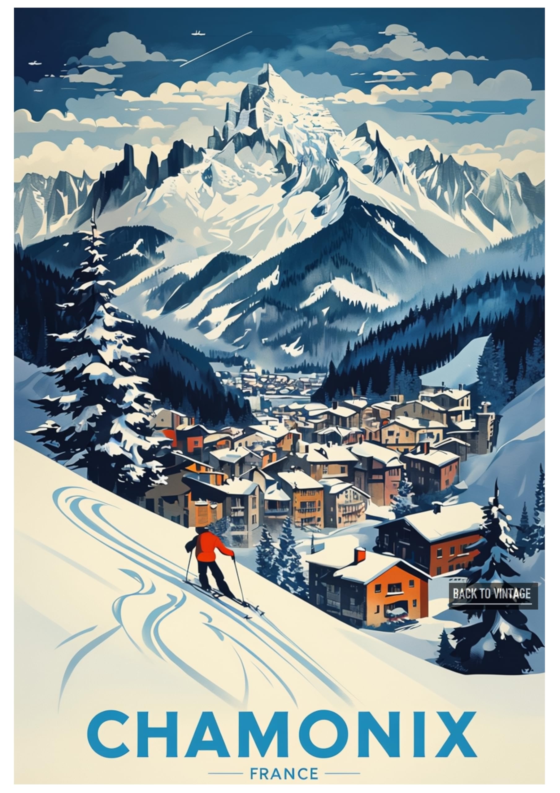 CHAMONIX - Vintage Ski Resort Poster A4 Size Retro Winter Sports Wall Art Alpine Mountains Snow Landscape Home Decor for Ski Lovers