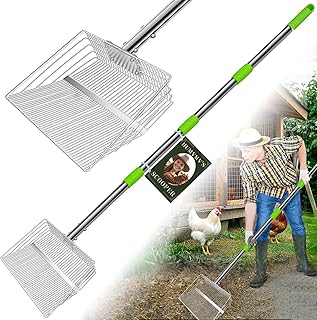 12inch Large Chicken Poop Scooper, 2 Widths of Slots Chicken Coop Litter Scoop with Stainless Steel Handle - 23" to 66", 4 in 1 Litter Sifting Shovel，Heavy Duty Chicken Coop Accessories