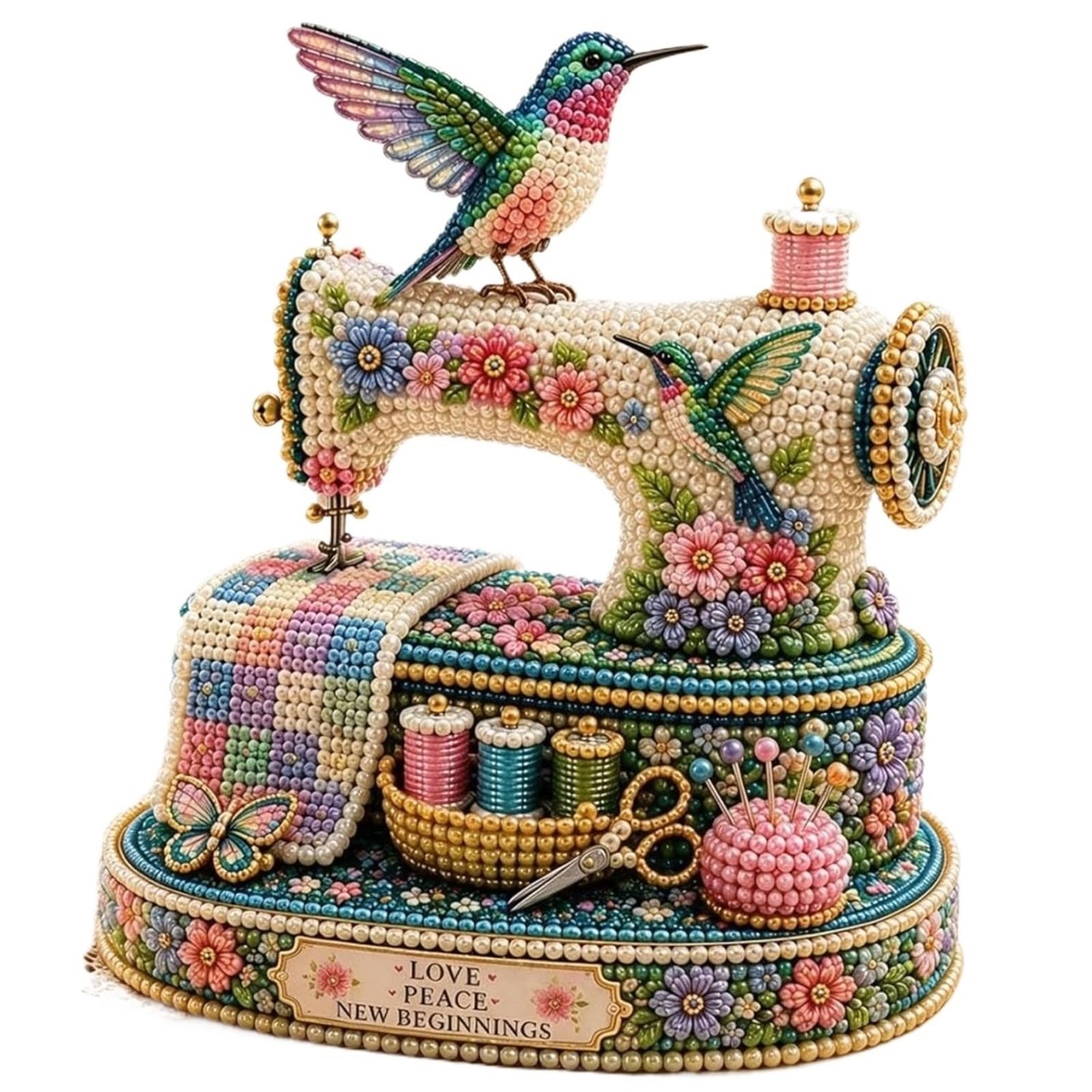 ANQKYO Spring Hummingbird Sewing Machine Beaded DIY kit Spring Hummingbirds Sewing Machine, Beginner Diamond Art Keepsake, Vintage Floral Room Home Decor