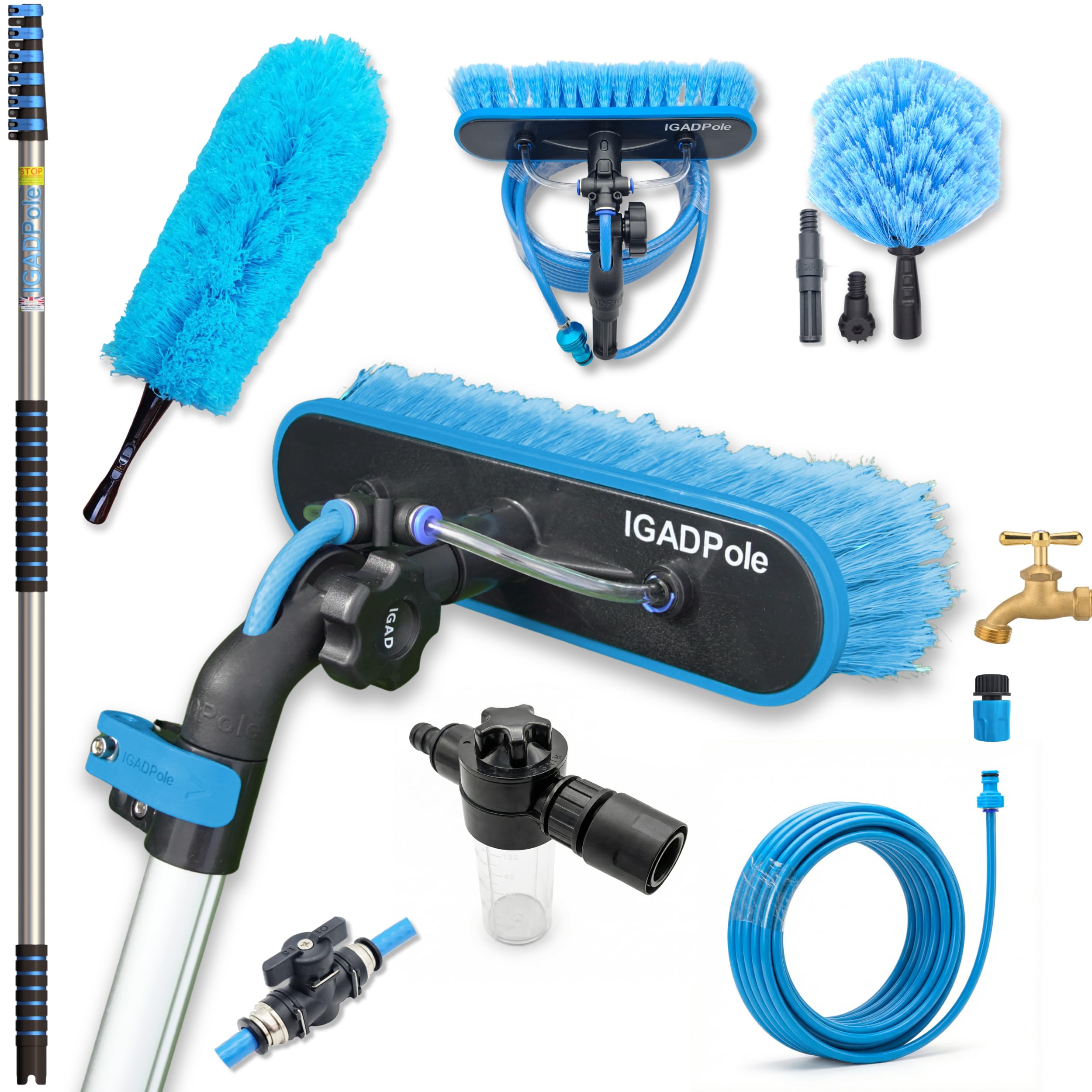 Igad Blue 30Ft Telescopic Water-Fed Solar Panel And Window Cleaning Pole Kit — Extendable Reach Cleaner With Brush, Soap Dispenser, Cobweb & Feather Duster — Soffit, Fascia, Conservatory