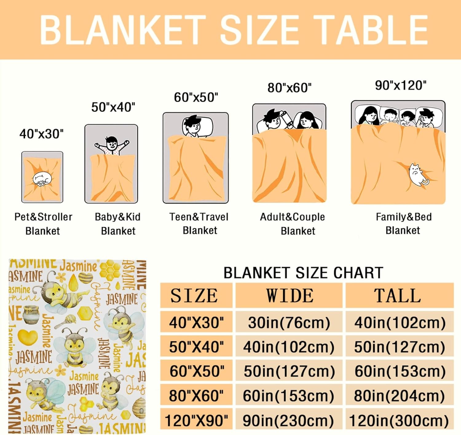 Personalized Baby Blanket for Girls Boys Bee Custom Baby Blanket with Name Swaddle Blanket for Toddlers Infants Kids Shower Newborns Nursery Stroller Crib Decor Throw Birthday Gift