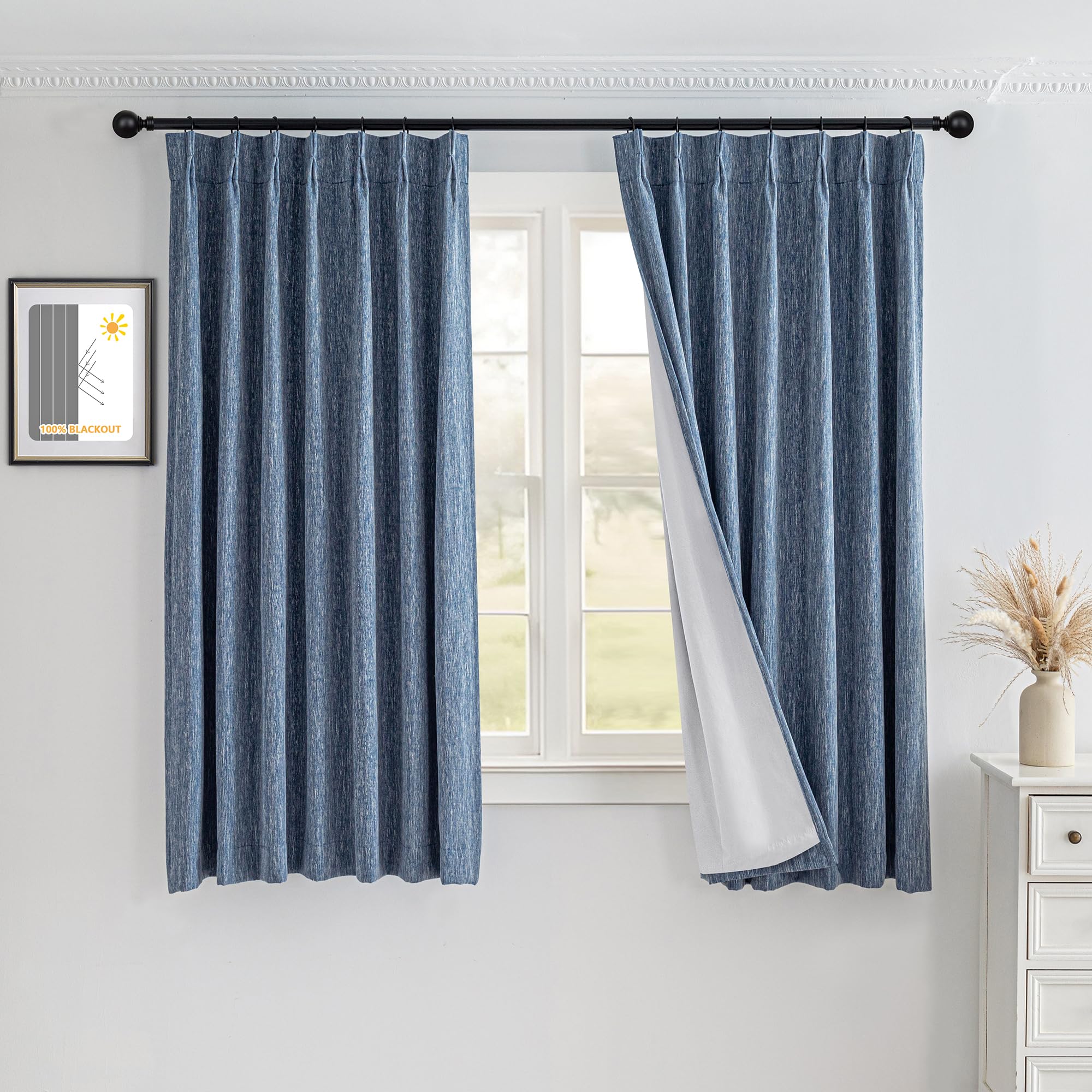 MYSKY HOME Dusty Blue Blackout Curtains 63 inches Long Pinch Pleated Curtains for Living Room Bedroom 100% Room Darkening Black Out Window Drapes with