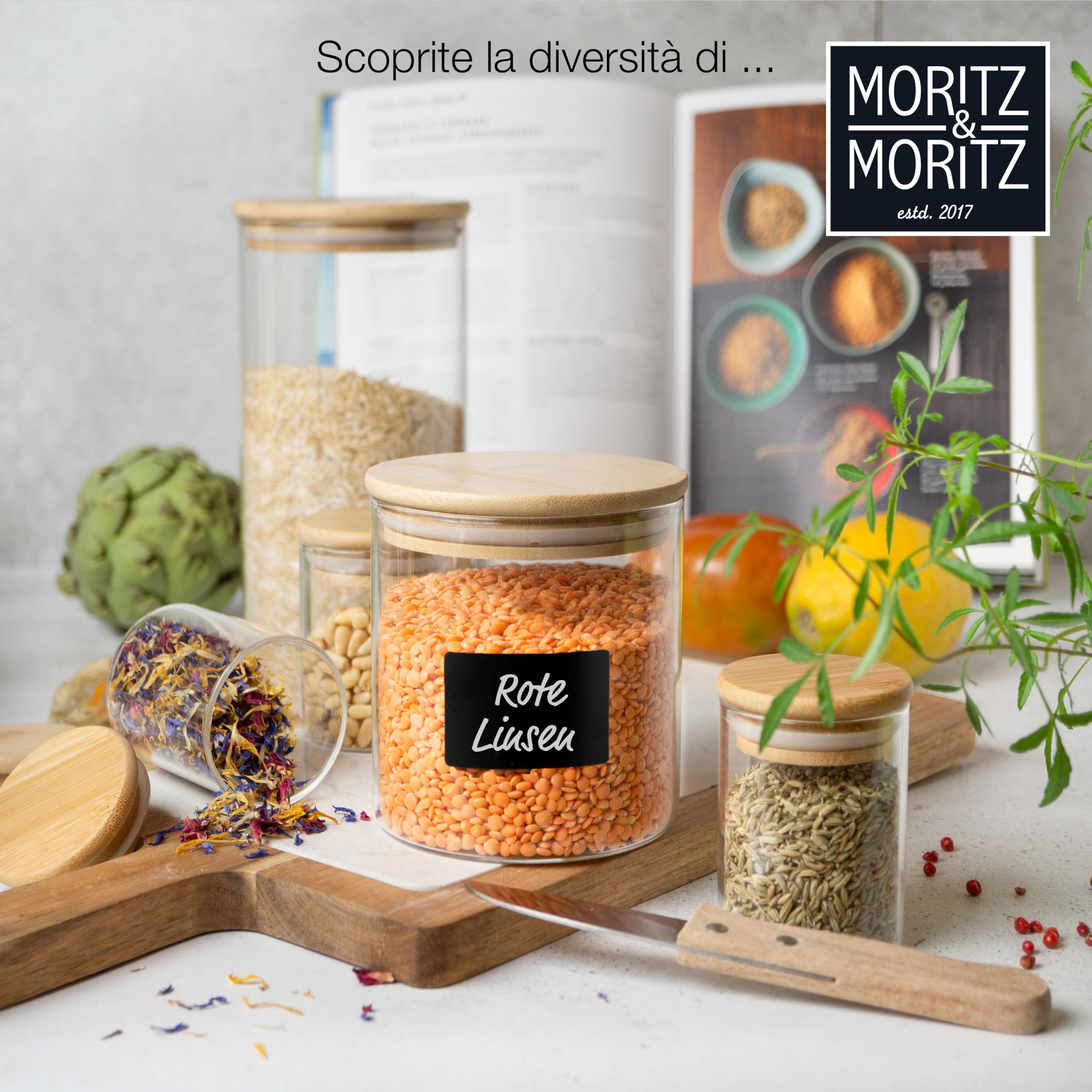 Moritz & Moritz Barattoli Spezie per Cucina - 12 Vasetti per Spezie 125 ml incl. 24 adsivi e 1 gesetto - Contenitori Spezie per Cucina - Vesetti porta erbe aromatizzato