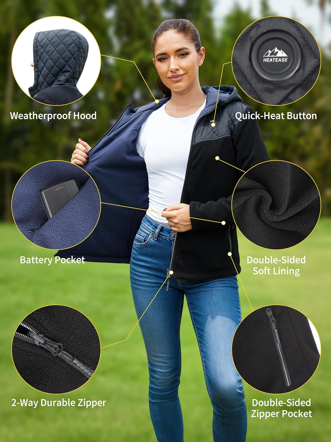 Reversible Heated Jacket for Women with 12V Battery,Electric Outdoor Fleece Heating Hoodie Coat for Camping,Car,Up to 158°F - Image 6