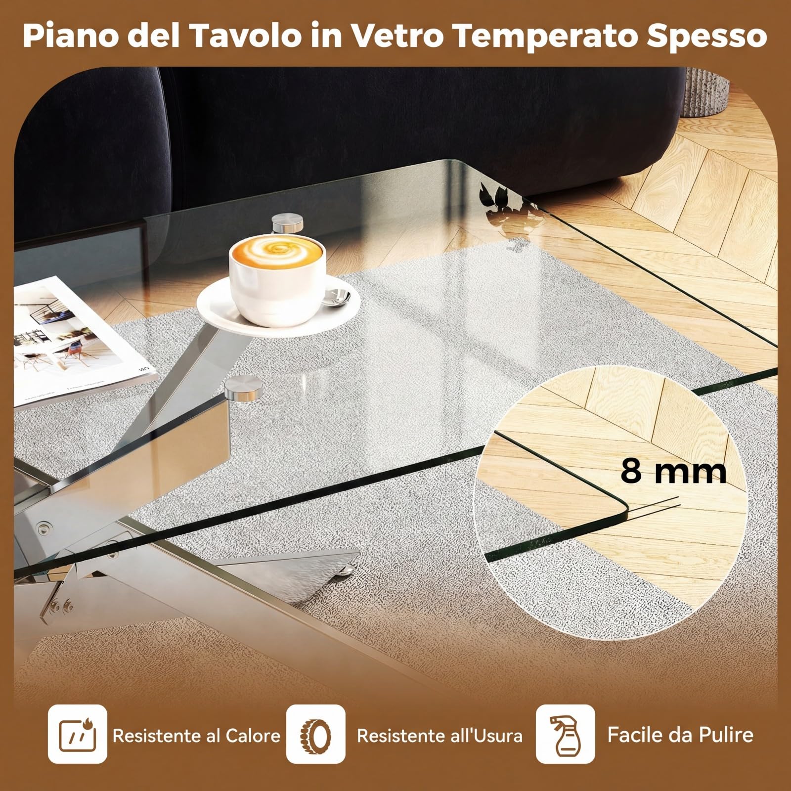 COSTWAY Tavolo da Caffè, Tavolino Salotto in Vetro Temperato con Gambe Incrociate in Metallo Placcato e Piedini Regolabili Antiscivolo, per Soggiorno e Ingresso, 120 x 60 x 45,5 cm (Argento)