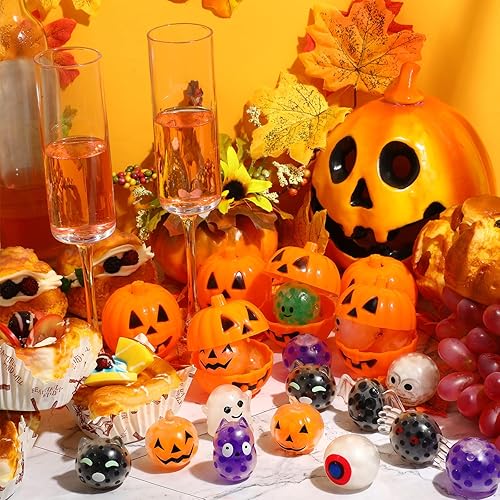 Miniatura 6 de Liliful 48 piezas de mini bolas sensoriales de Halloween con 24 cajas de calabaza, tarros para Halloween, mini regalos de fiesta, dulce o dulce